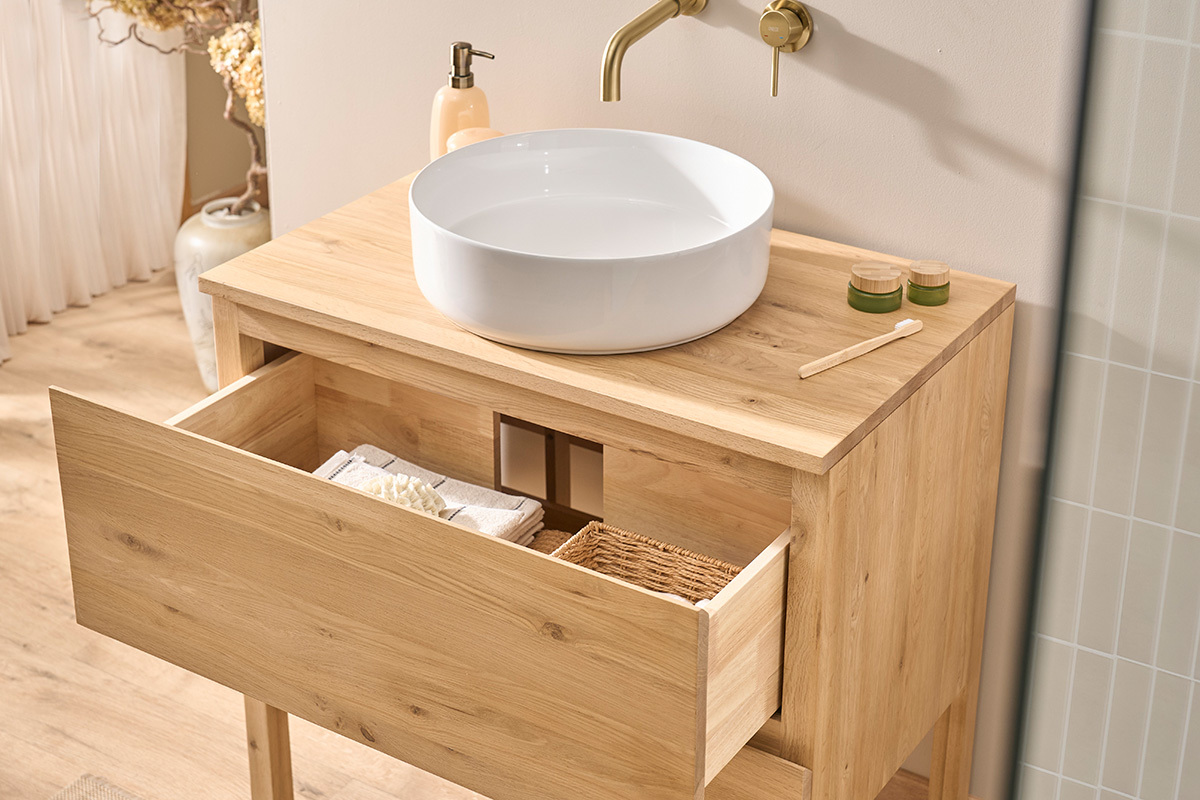 Meuble de salle de bain en bois ch�ne massif L80 cm JOSHUA