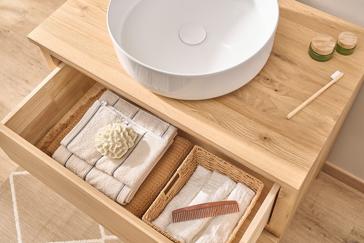 Meuble de salle de bain en bois ch�ne massif L80 cm JOSHUA