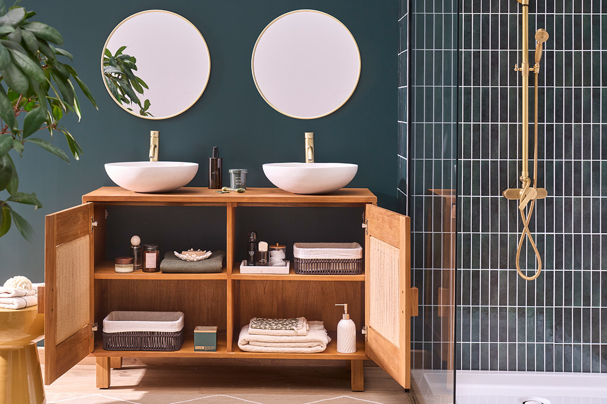 Meuble de salle de bain en bois teck massif et corde tress�e L120 cm MOSSA