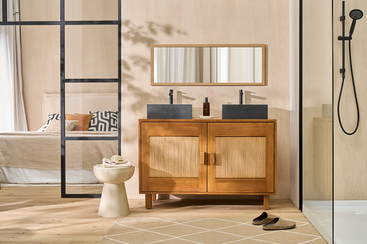 Meuble de salle de bain en bois teck massif et corde tress�e L120 cm MOSSA