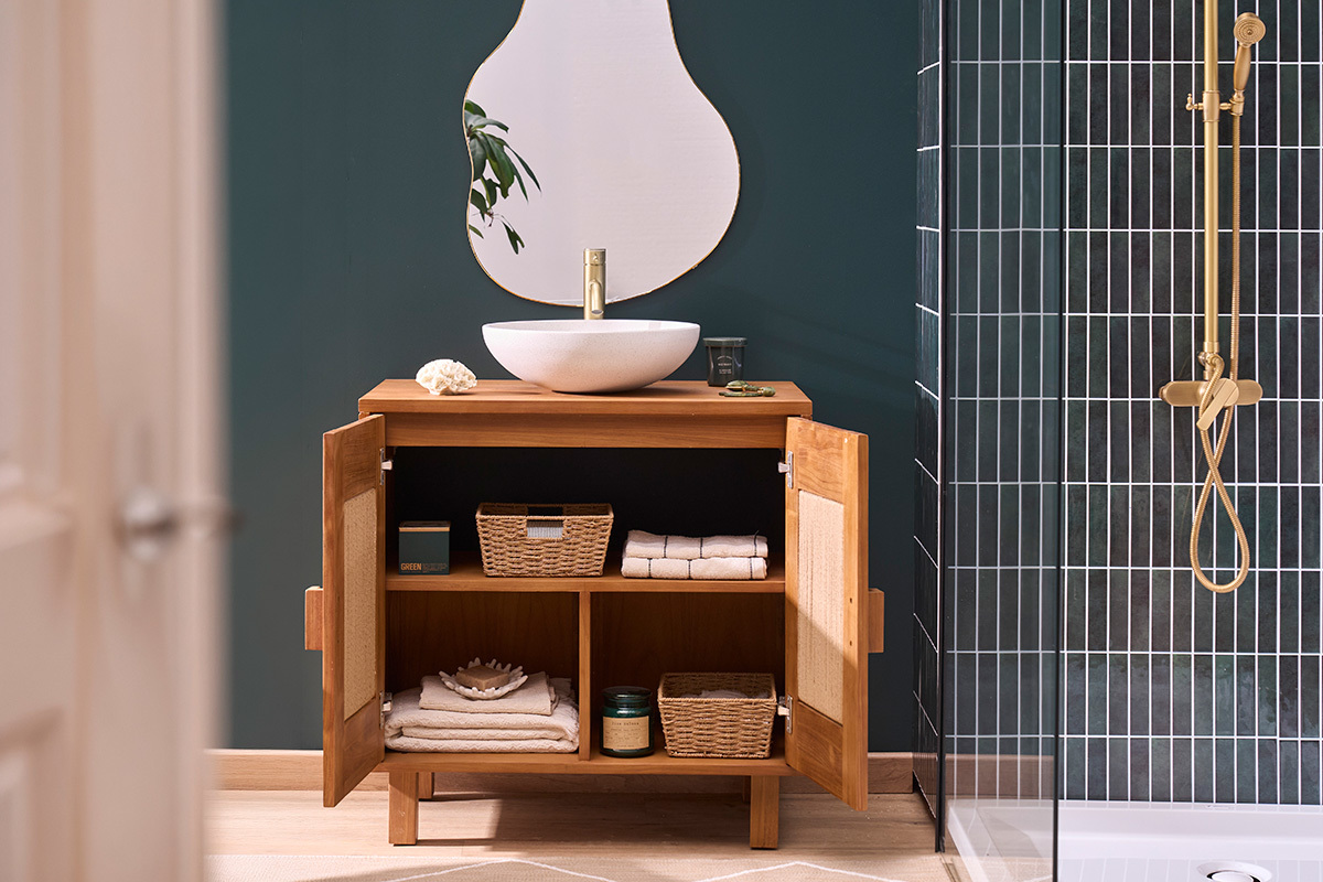 Meuble de salle de bain en bois teck massif et corde tress�e L80 cm MOSSA