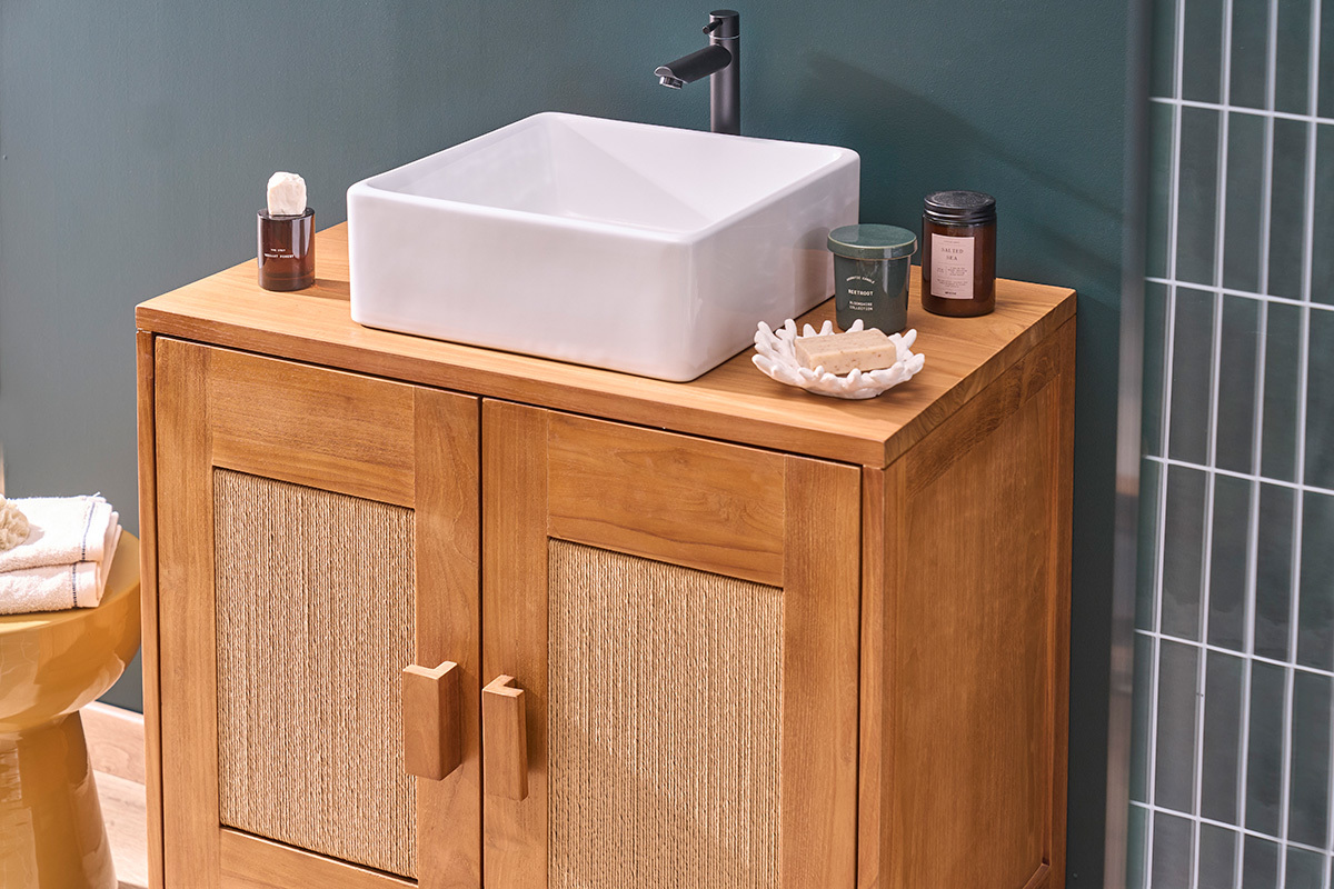 Meuble de salle de bain en bois teck massif et corde tress�e L80 cm MOSSA