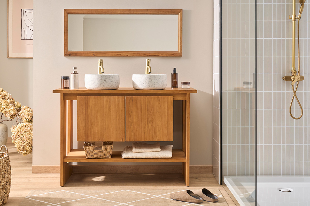 Meuble de salle de bain en bois teck massif L120 cm ALBE