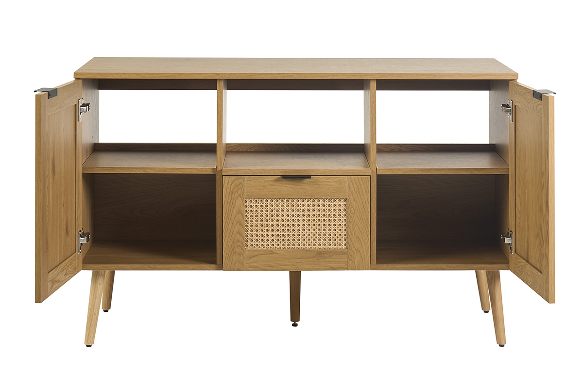Meuble de salle de bain finition bois clair, cannage rotin et m�tal noir L120 cm MANILLE