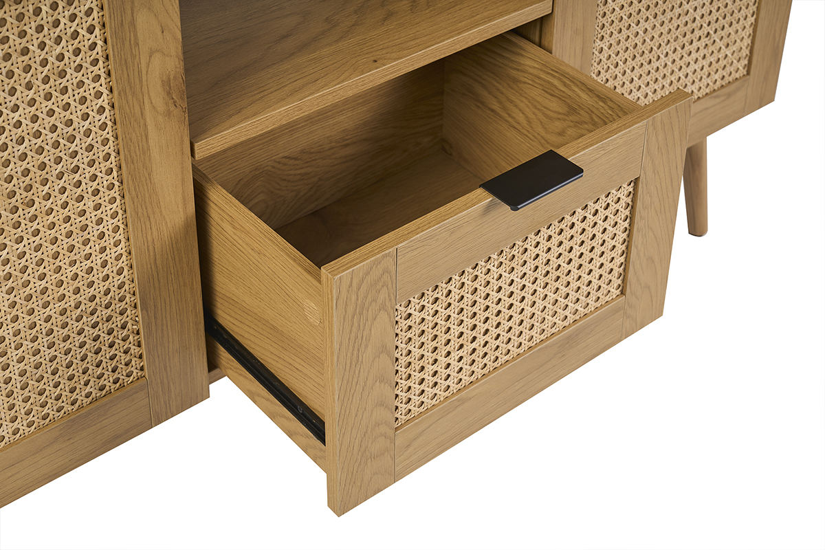 Meuble de salle de bain finition bois clair, cannage rotin et m�tal noir L120 cm MANILLE