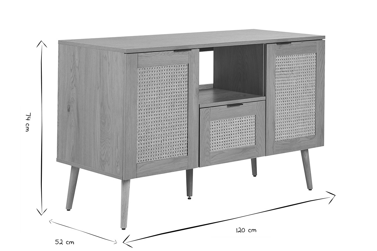 Meuble de salle de bain finition bois clair, cannage rotin et m�tal noir L120 cm MANILLE