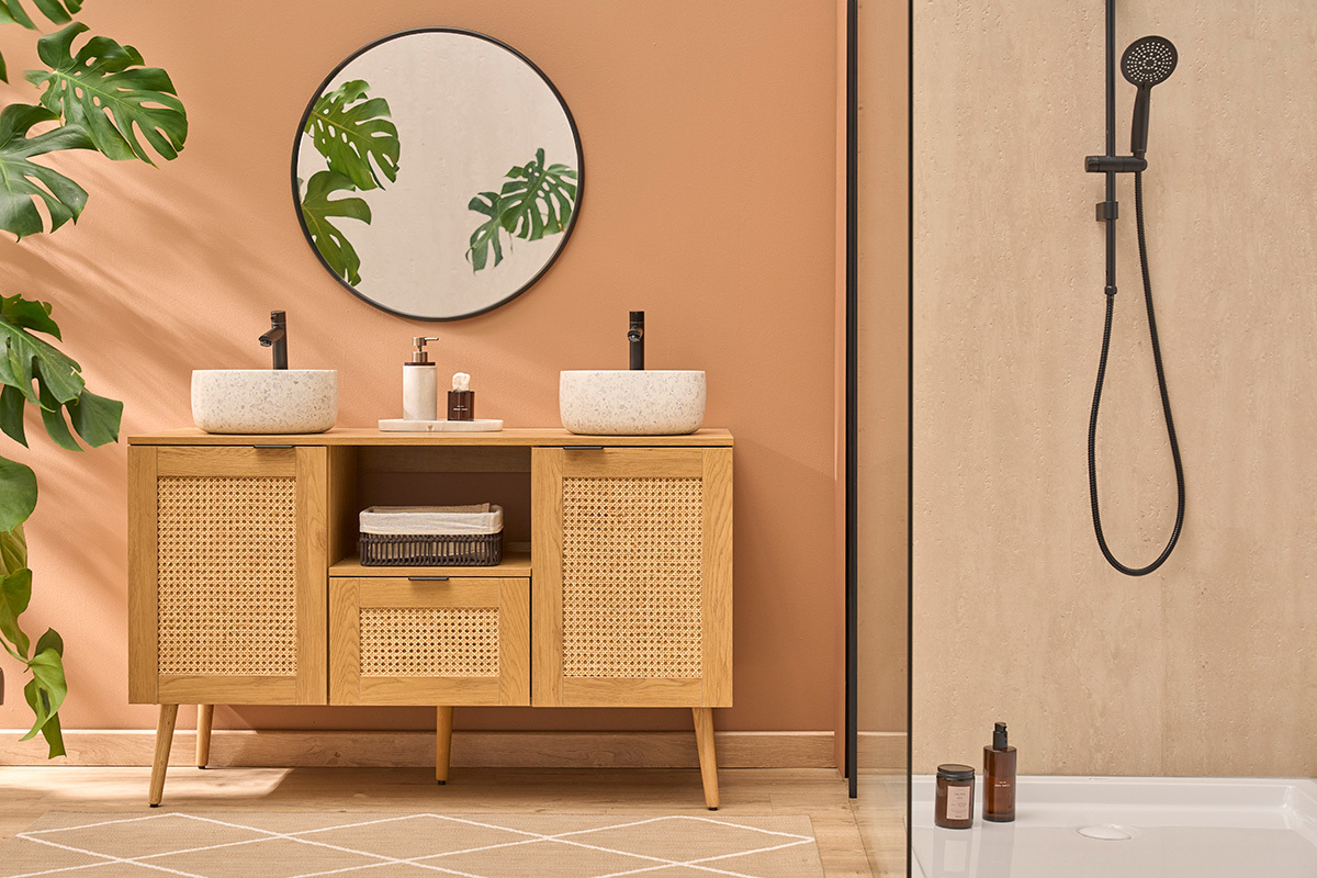 Meuble de salle de bain finition bois clair, cannage rotin et m�tal noir L120 cm MANILLE