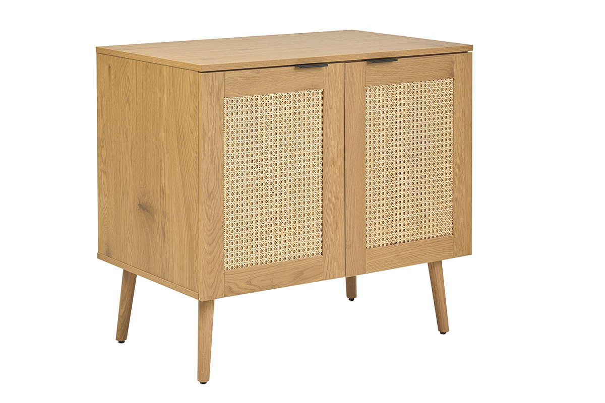 Meuble de salle de bain finition bois clair, cannage rotin et m�tal noir L80 cm MANILLE