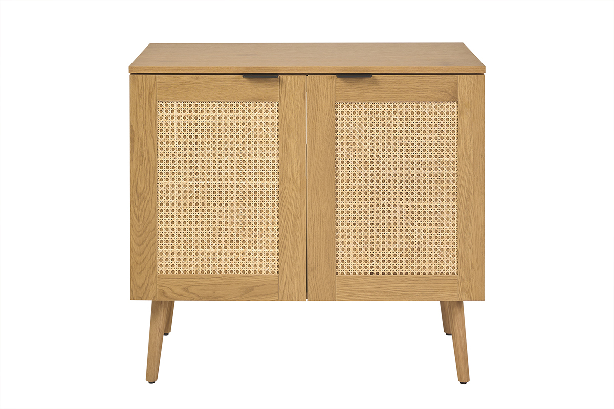 Meuble de salle de bain finition bois clair, cannage rotin et m�tal noir L80 cm MANILLE