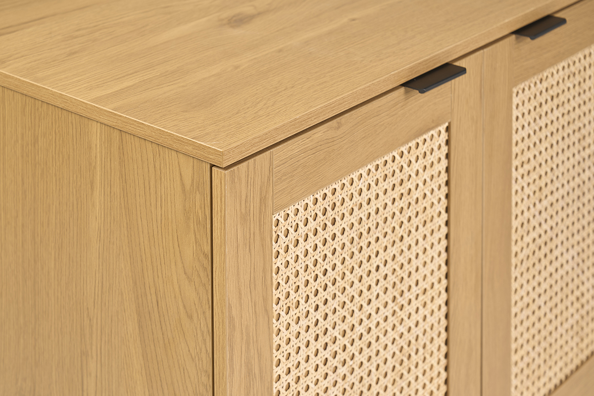 Meuble de salle de bain finition bois clair, cannage rotin et m�tal noir L80 cm MANILLE