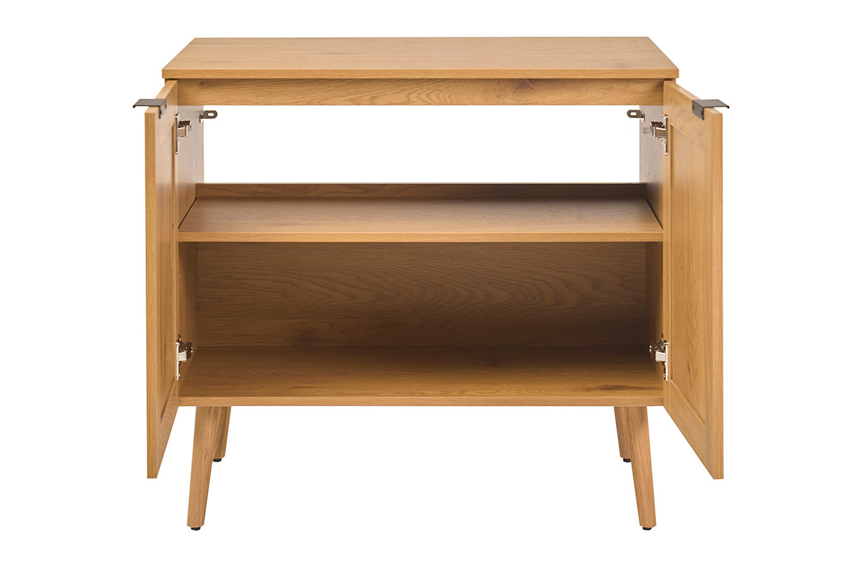 Meuble de salle de bain finition bois clair, cannage rotin et m�tal noir L80 cm MANILLE