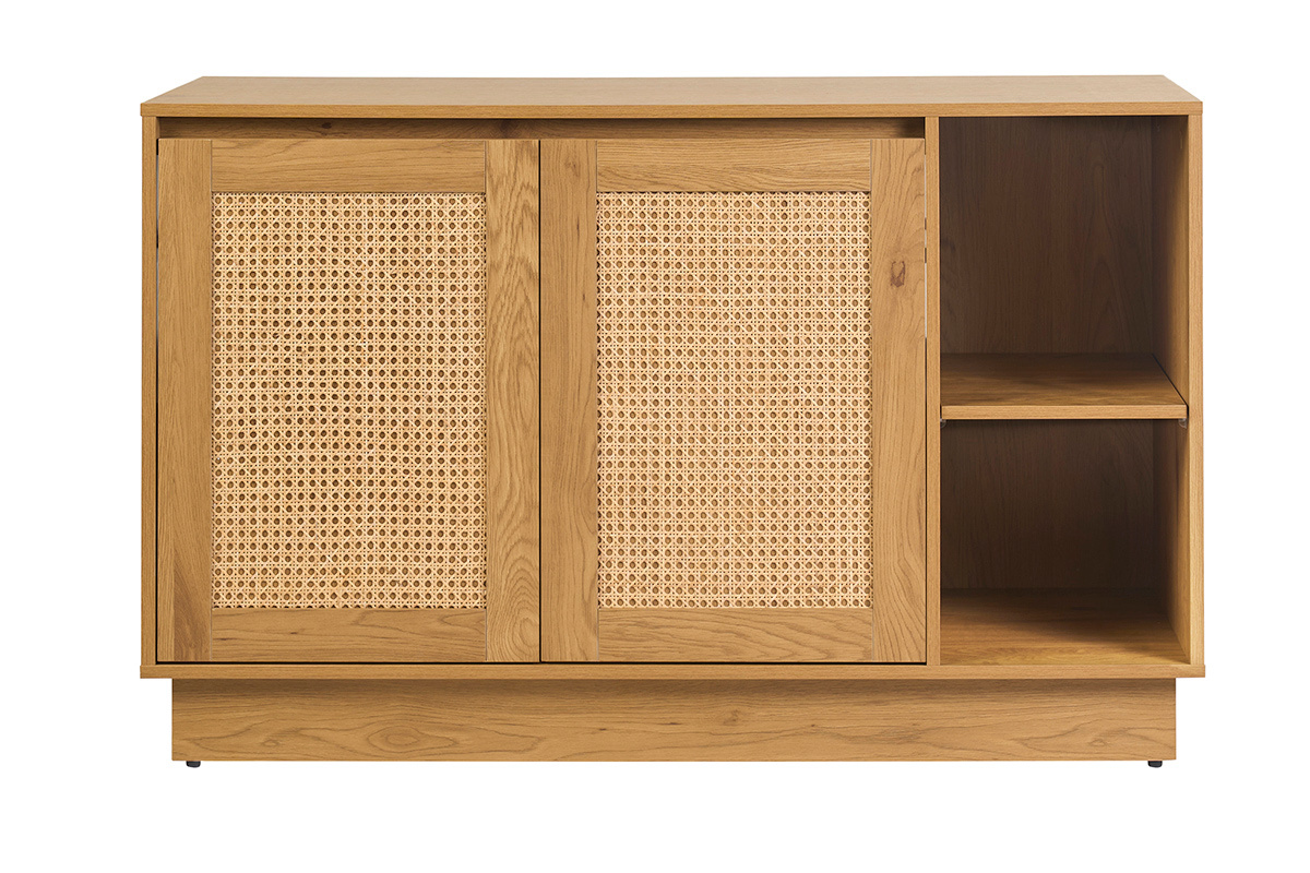 Meuble de salle de bain finition bois clair ch�ne et cannage rotin L120 cm ALICANTE