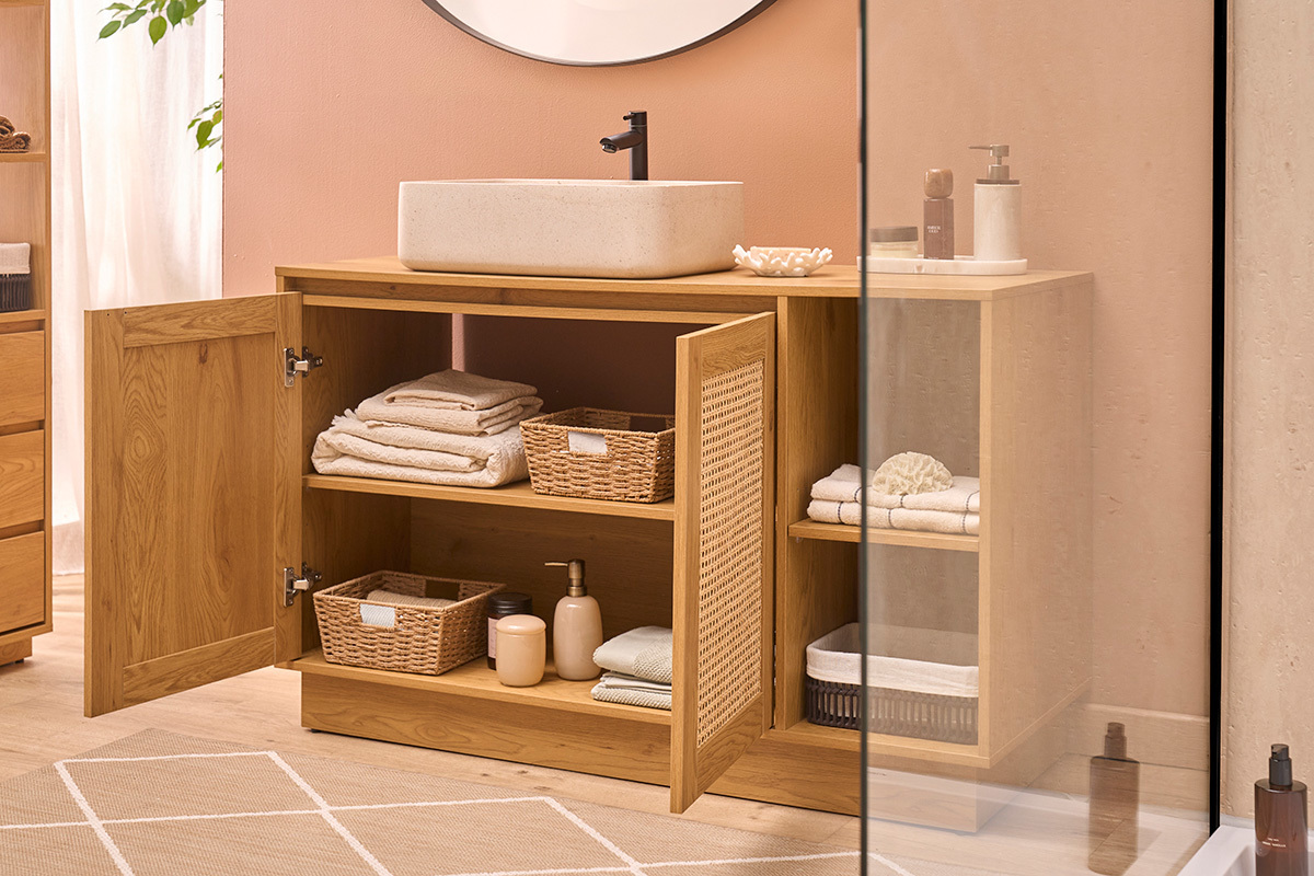 Meuble de salle de bain finition bois clair ch�ne et cannage rotin L120 cm ALICANTE
