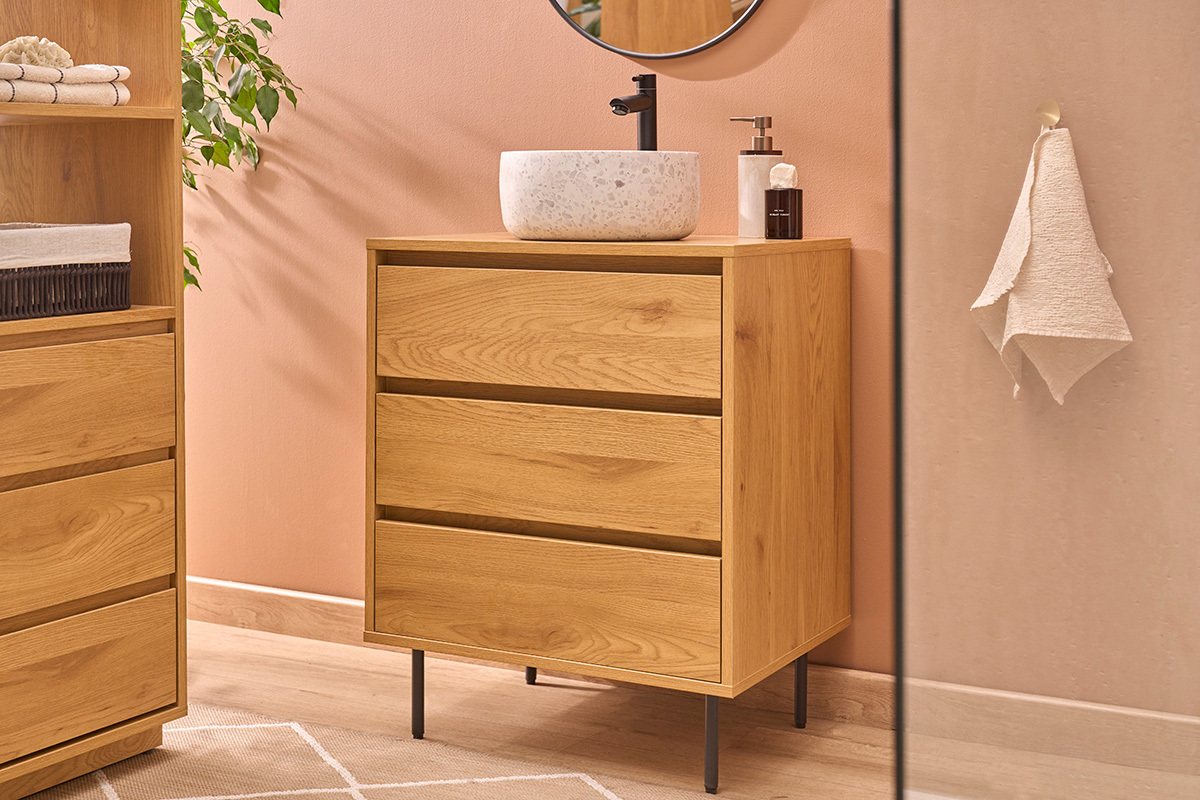 Meuble de salle de bain finition bois clair ch�ne et m�tal noir L60 cm ARAGON