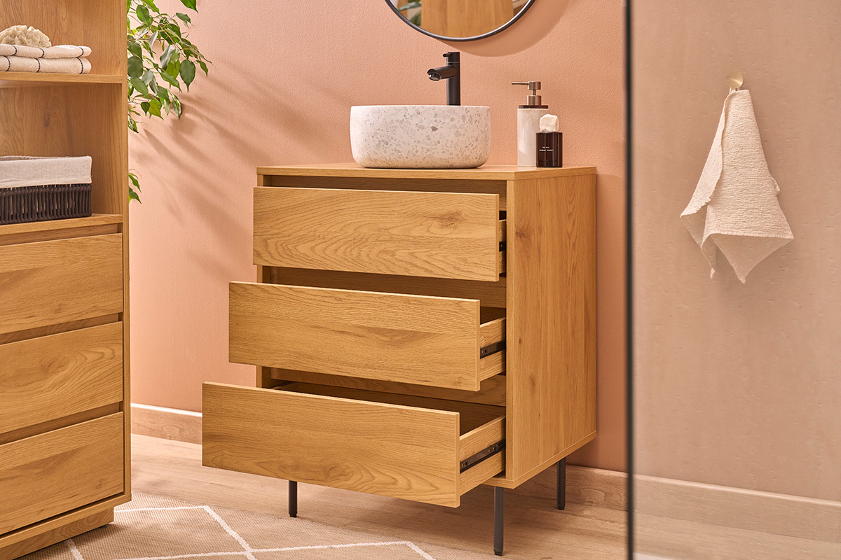 Meuble de salle de bain finition bois clair ch�ne et m�tal noir L60 cm ARAGON