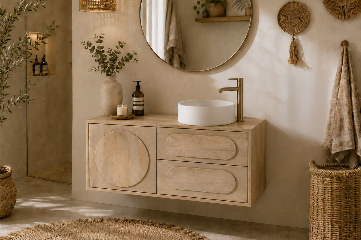 Meuble de salle de bain suspendu en bois manguier massif L120 cm SLAPPA
