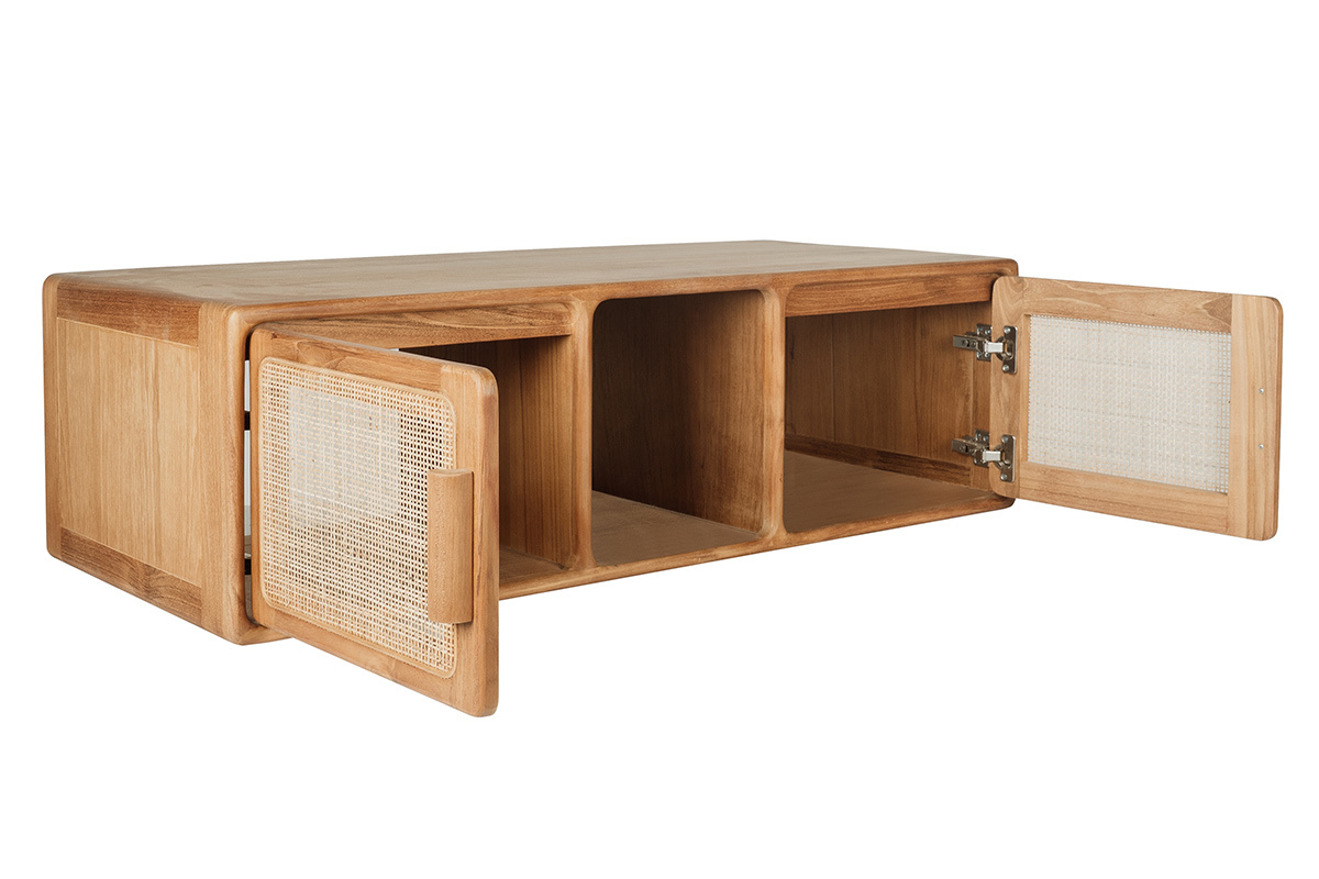 Meuble de salle de bain suspendu en bois teck massif et cannage rotin L120 cm BALIA