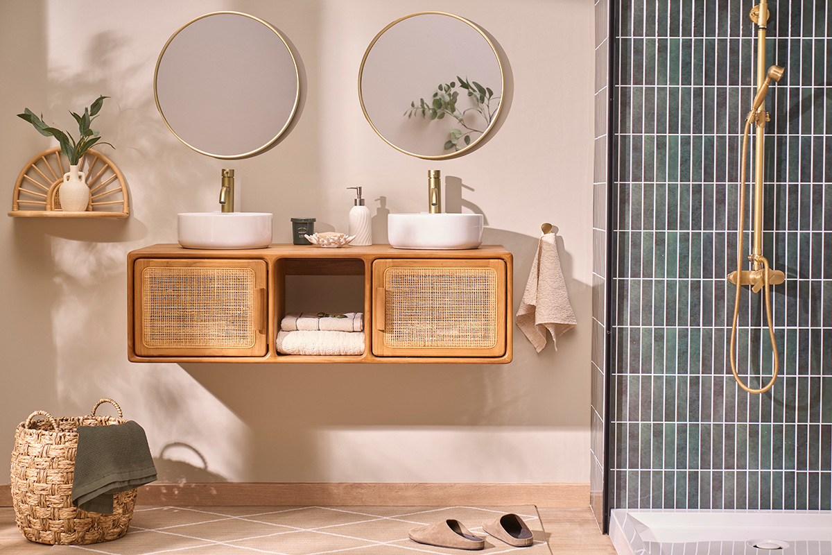 Meuble de salle de bain suspendu en bois teck massif et cannage rotin L120 cm BALIA