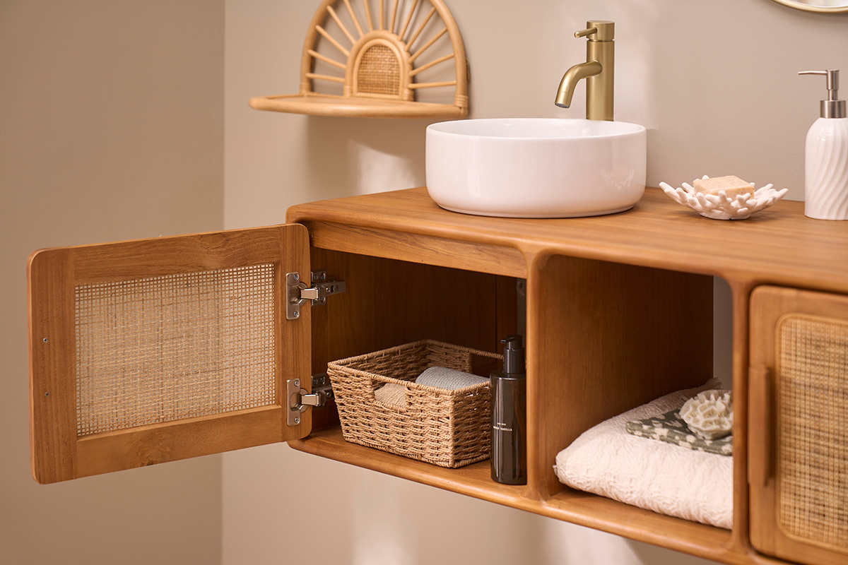 Meuble de salle de bain suspendu en bois teck massif et cannage rotin L120 cm BALIA