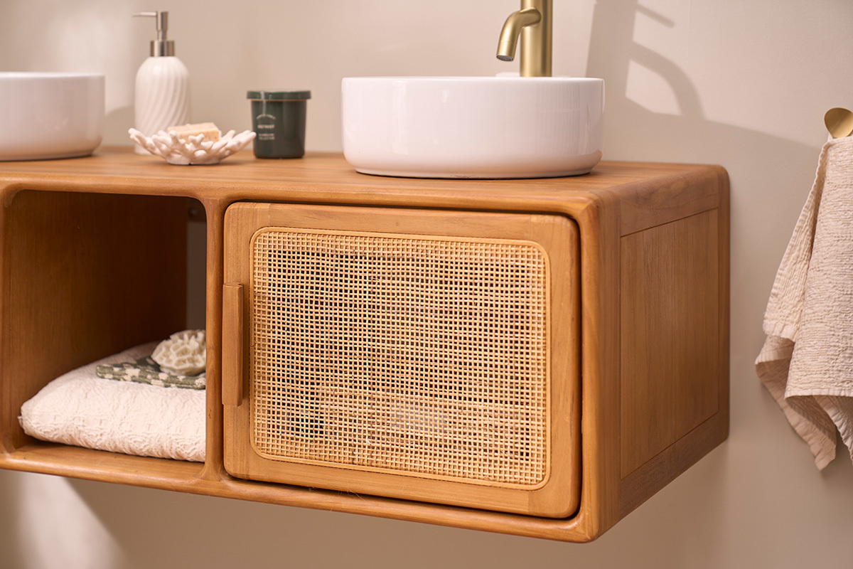 Meuble de salle de bain suspendu en bois teck massif et cannage rotin L120 cm BALIA