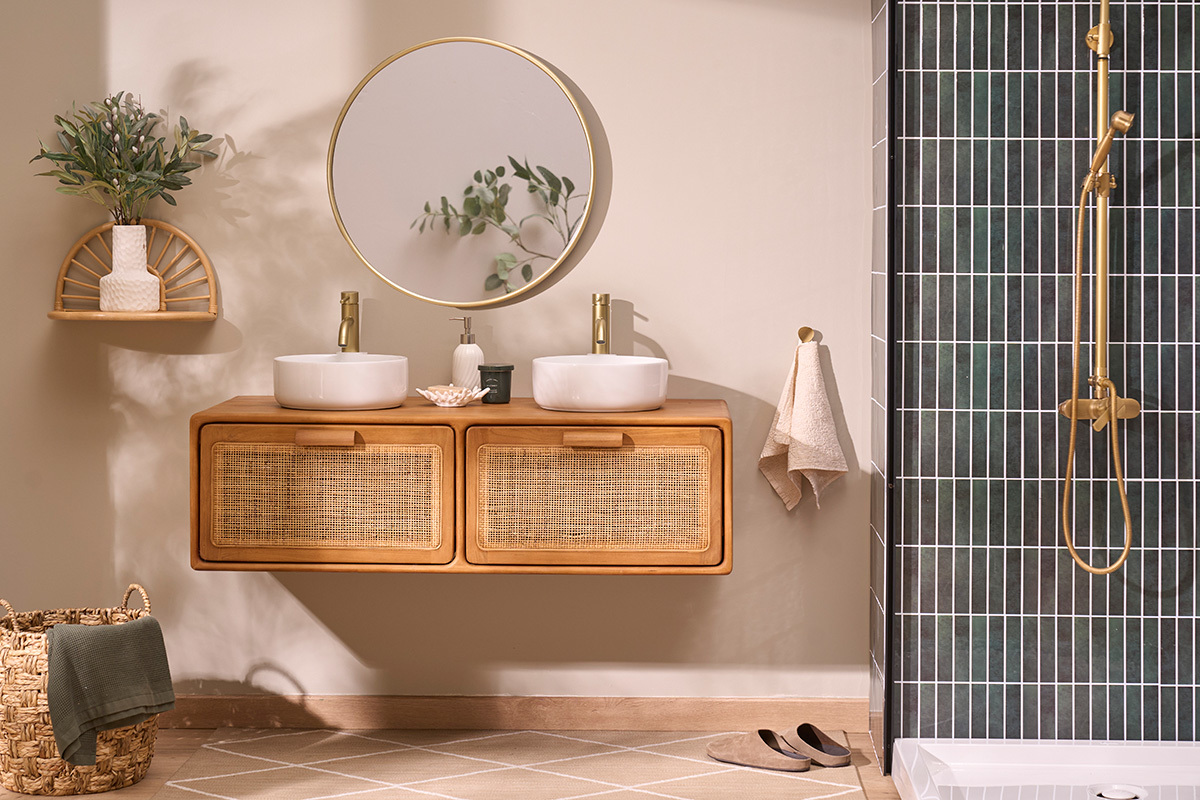 Meuble de salle de bain suspendu en bois teck massif et cannage rotin L120 cm BALIA