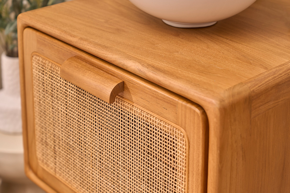 Meuble de salle de bain suspendu en bois teck massif et cannage rotin L50 cm BALIA