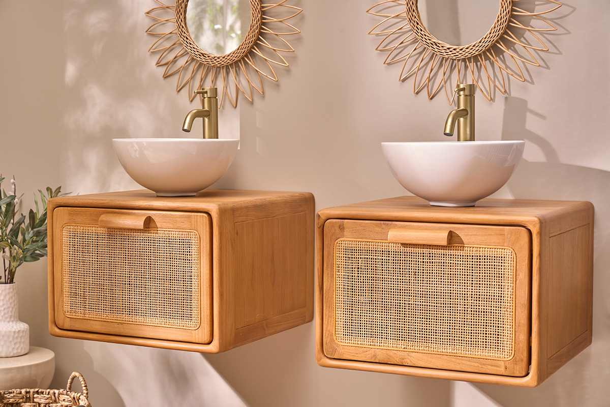 Meuble de salle de bain suspendu en bois teck massif et cannage rotin L50 cm BALIA
