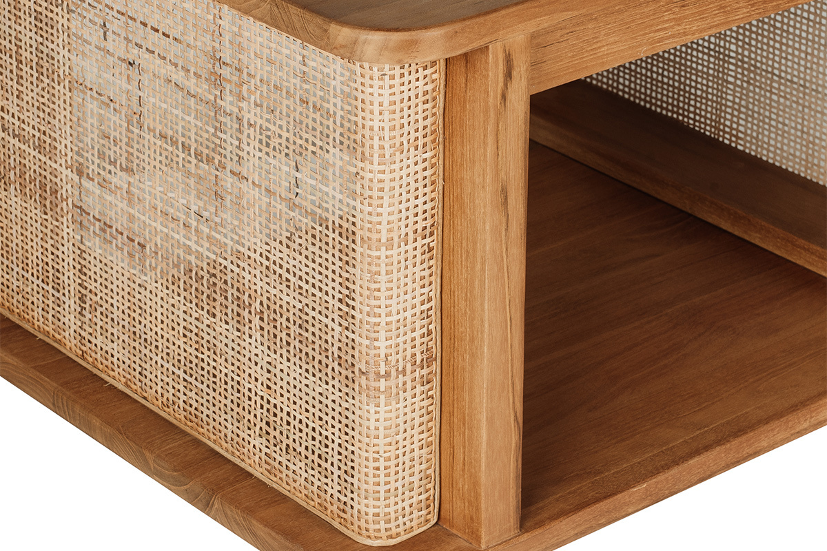 Meuble de salle de bain suspendu en bois teck massif et cannage rotin L60 cm SOLEA