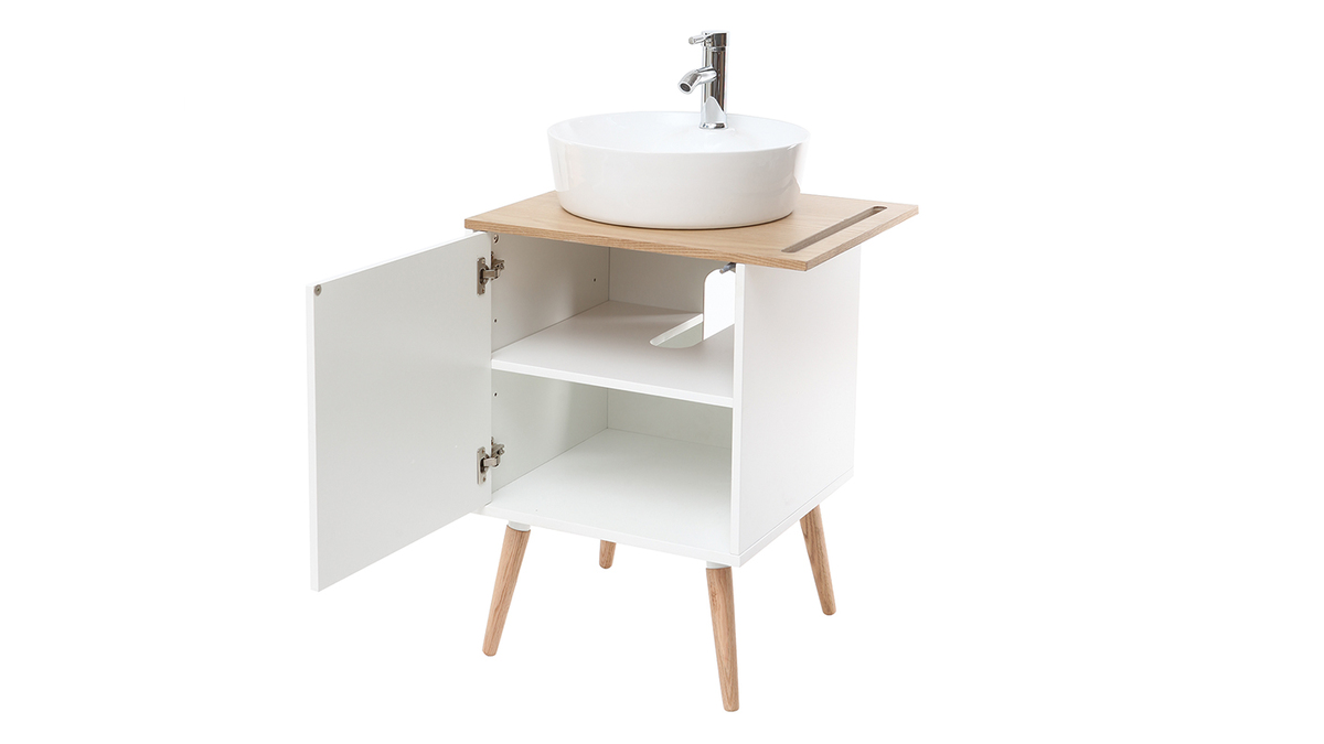 Meuble de salle de bain : vasque, meuble sous vasque une porte chne et blanc et miroir TOTEM
