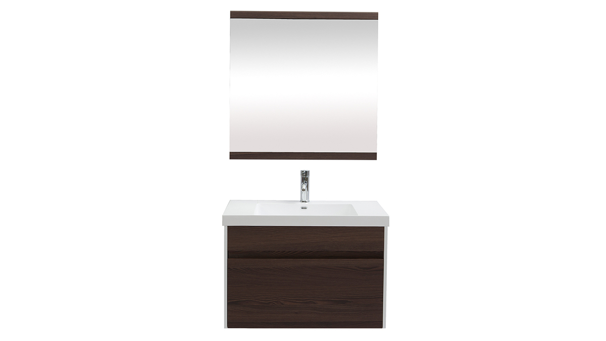 Meuble de salle de bains avec vasque, miroir et rangements blanc et bois fonc GANFO
