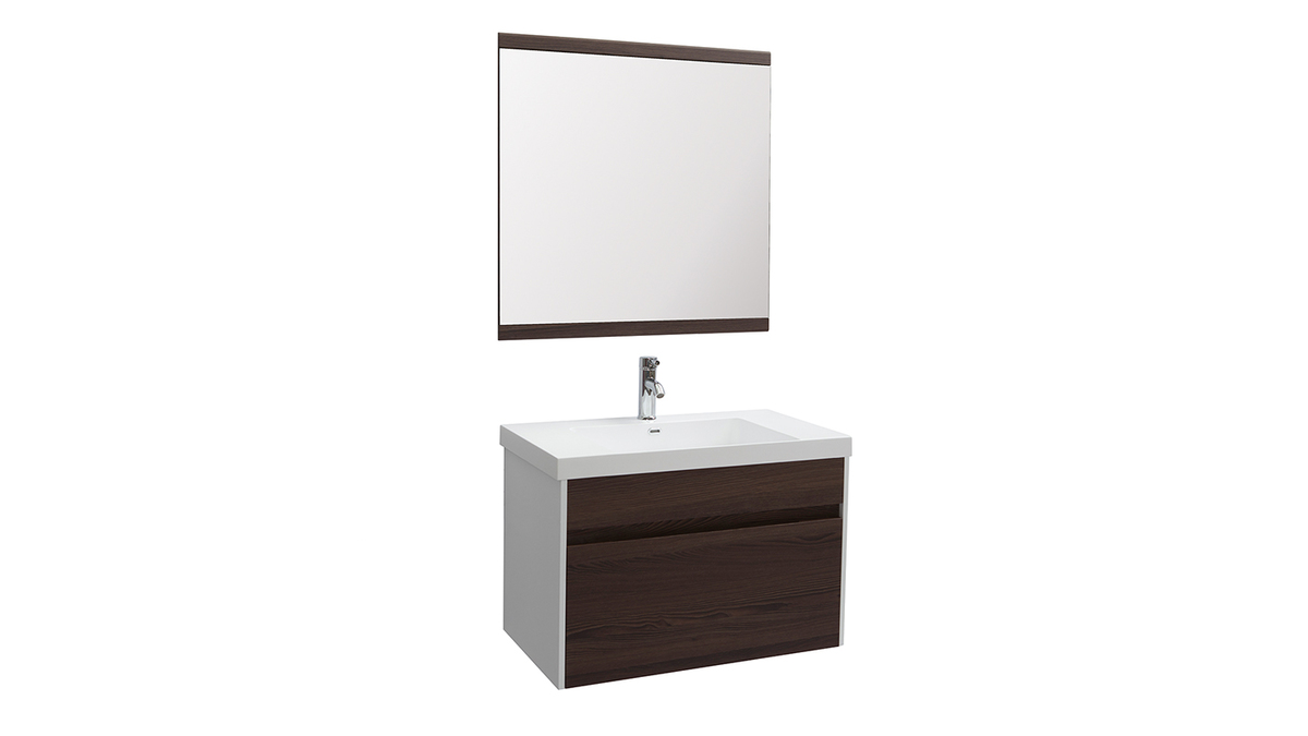 Meuble de salle de bains avec vasque, miroir et rangements blanc et bois fonc GANFO