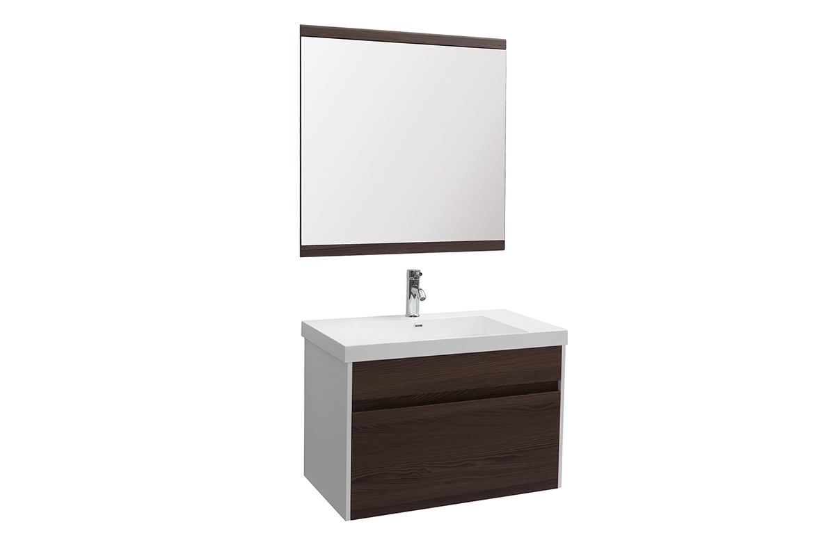 Meuble de salle de bains avec vasque, miroir et rangements blanc et bois fonc GANFO