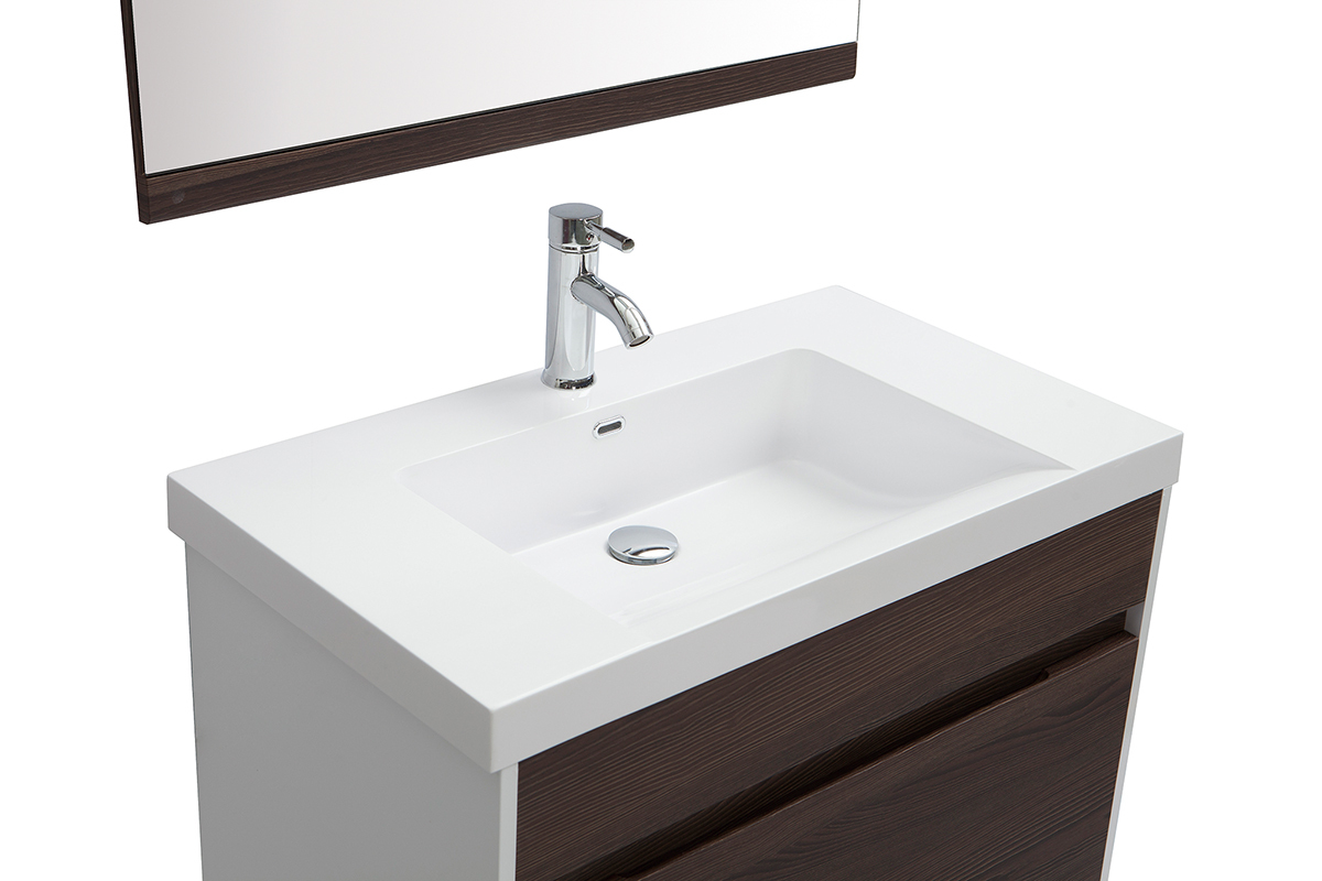 Meuble de salle de bains avec vasque, miroir et rangements blanc et bois fonc GANFO