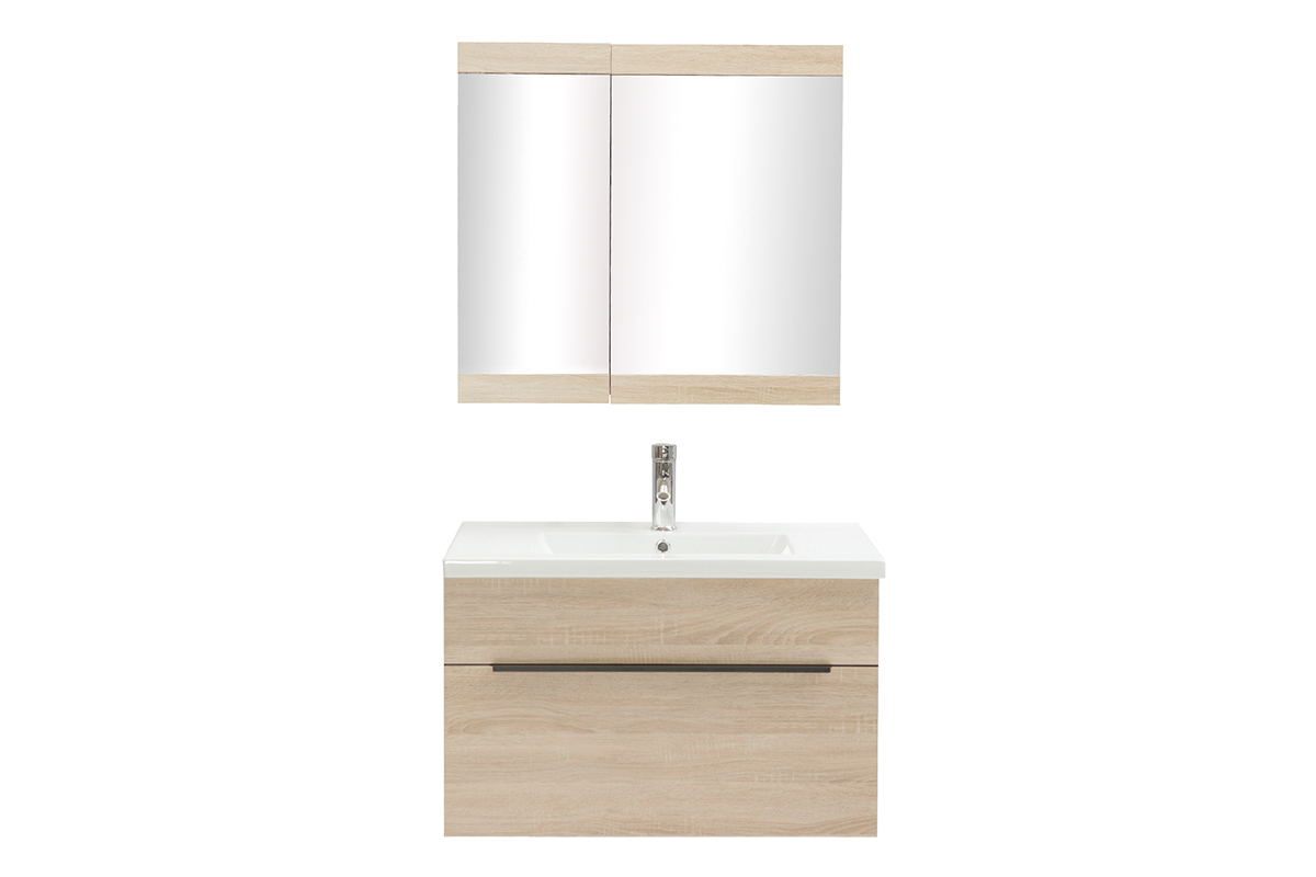 Meuble de salle de bains avec vasque, miroir et rangements bois clair SEASON
