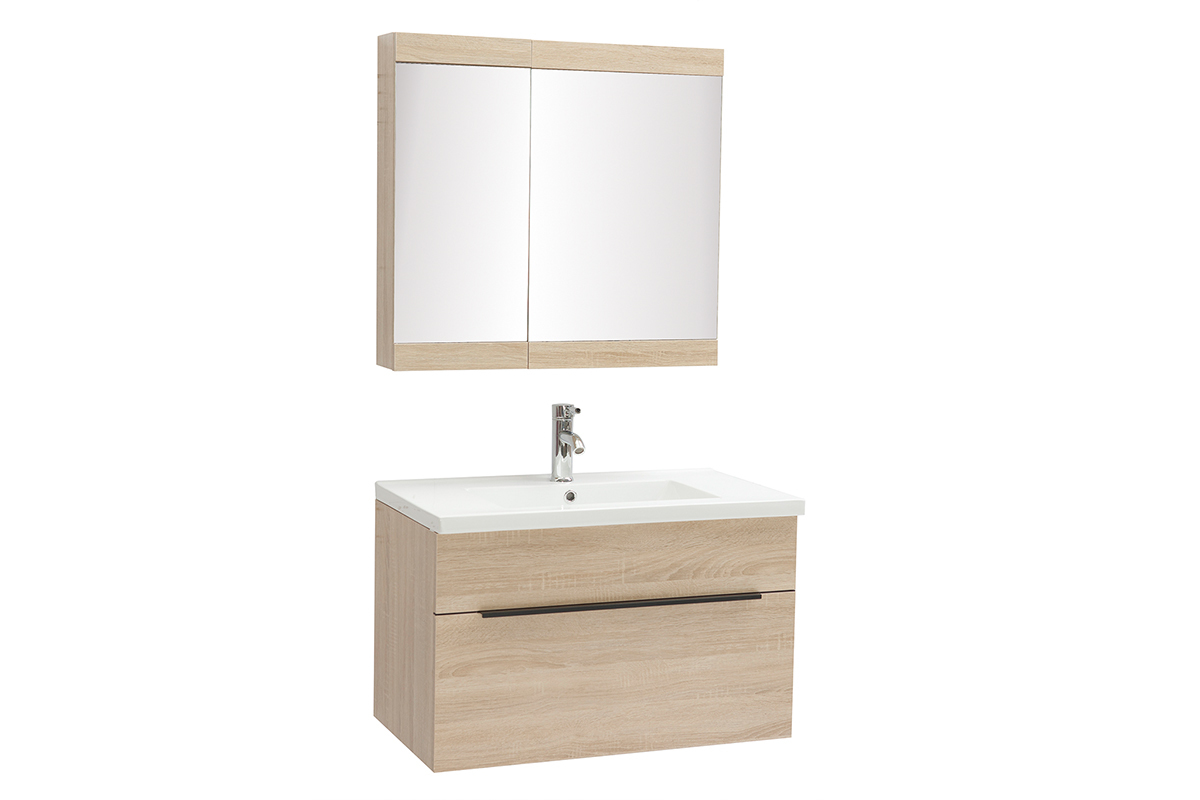 Meuble de salle de bains avec vasque, miroir et rangements bois clair SEASON