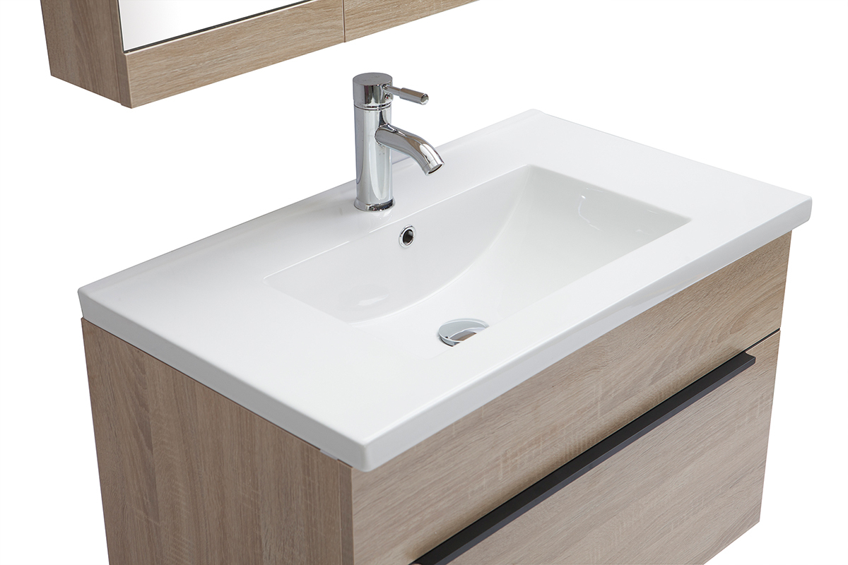 Meuble de salle de bains avec vasque, miroir et rangements bois clair SEASON