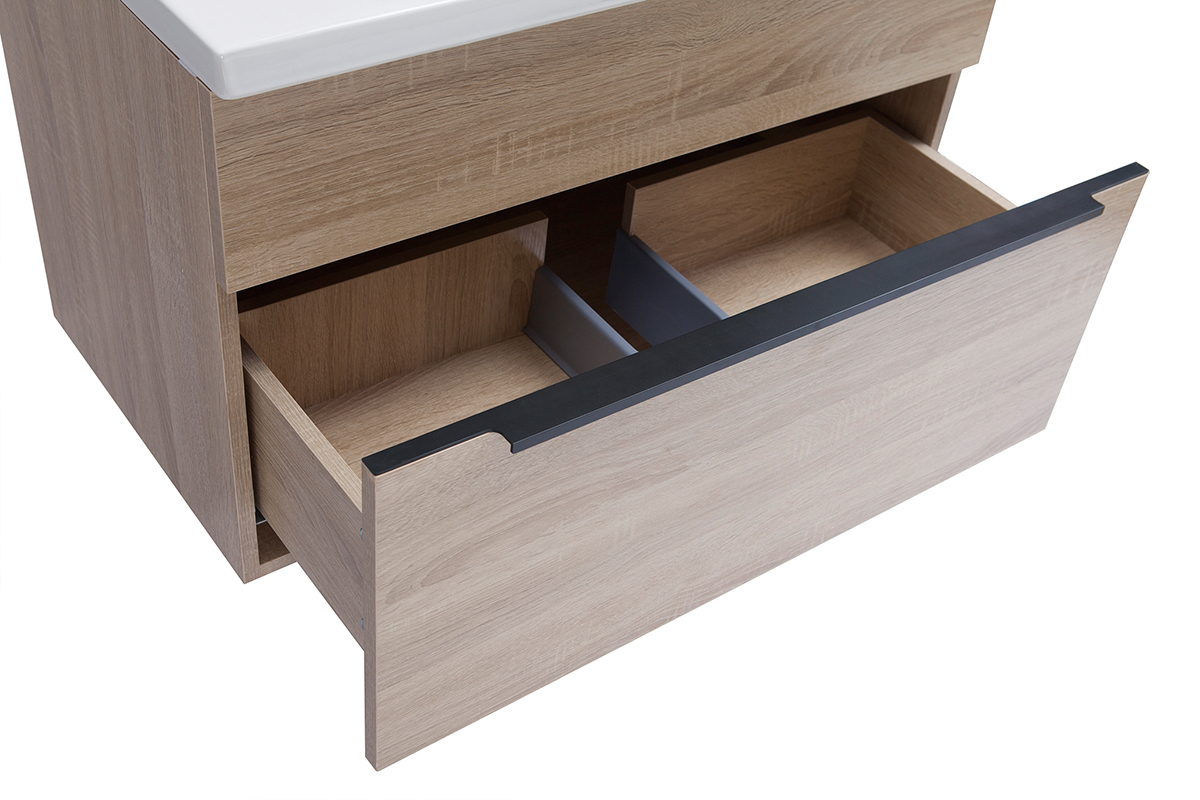 Meuble de salle de bains avec vasque, miroir et rangements bois clair SEASON