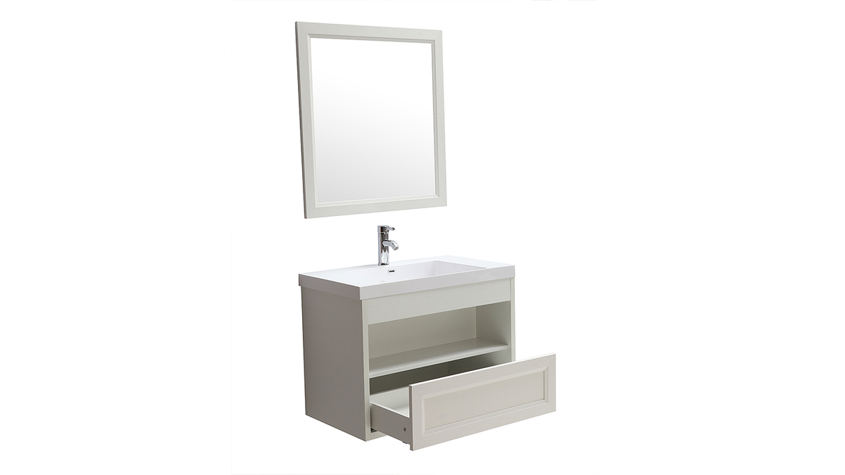 Meuble de salle de bains suspendu avec vasque, miroir et rangement blanc RIVER