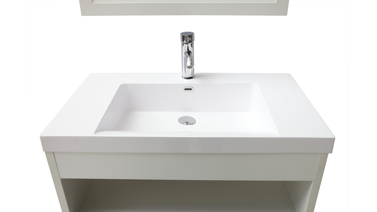 Meuble de salle de bains suspendu avec vasque, miroir et rangement blanc RIVER