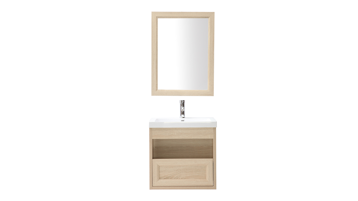 Meuble de salle de bains suspendu avec vasque, miroir et rangement bois RIVER