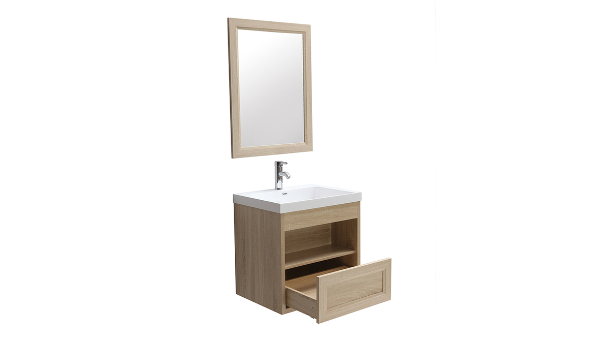 Meuble de salle de bains suspendu avec vasque, miroir et rangement bois RIVER