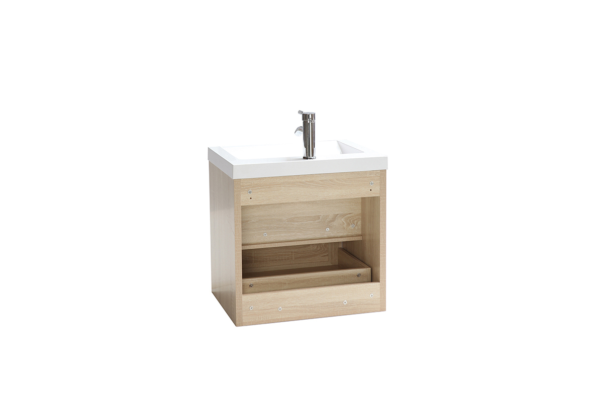 Meuble de salle de bains suspendu avec vasque, miroir et rangement bois RIVER