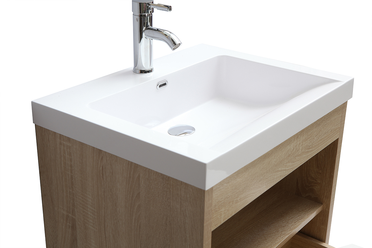 Meuble de salle de bains suspendu avec vasque, miroir et rangement bois RIVER