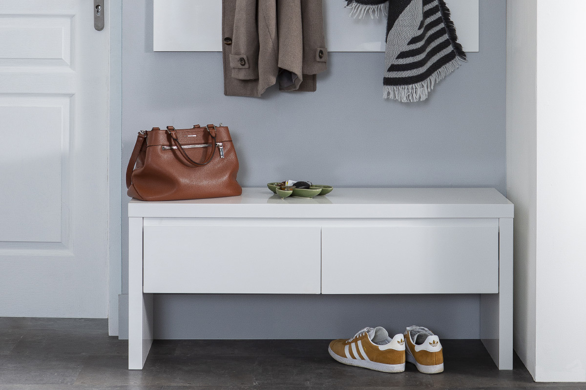 Meuble d'entr�e blanc laqu� avec rangements WELCOME