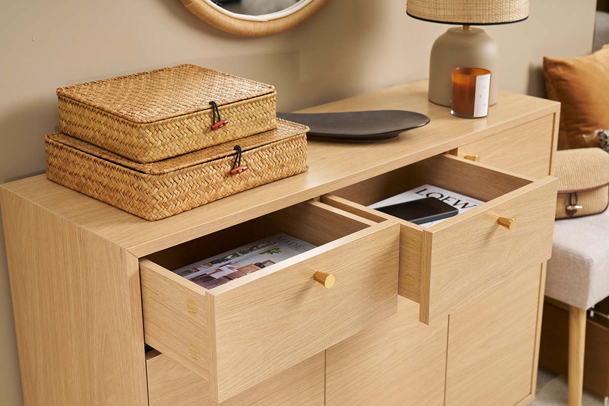 Meuble d'entre -  meuble de rangements  chaussures finition bois clair chne et mtal dor L110 cm SILVESTRE