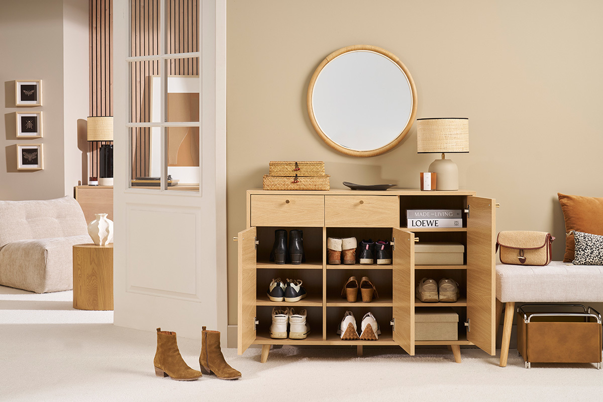 Meuble d'entre -  meuble de rangements  chaussures finition bois clair chne et mtal dor L110 cm SILVESTRE