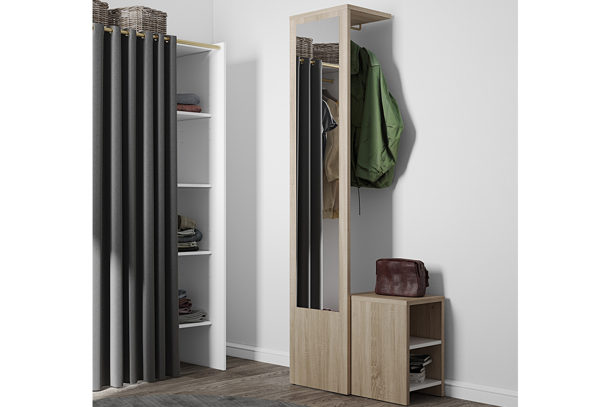 Meuble d'entr�e modulable avec penderie, miroir et �tag�res bois OLLY