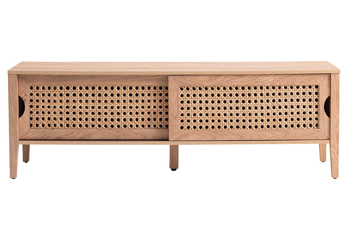 Meuble TV avec portes coulissantes bois et rotin synthtique PACHO