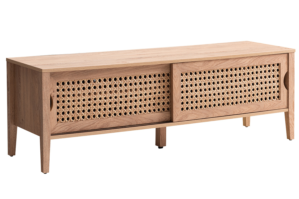 Meuble TV avec portes coulissantes bois et rotin synthtique PACHO