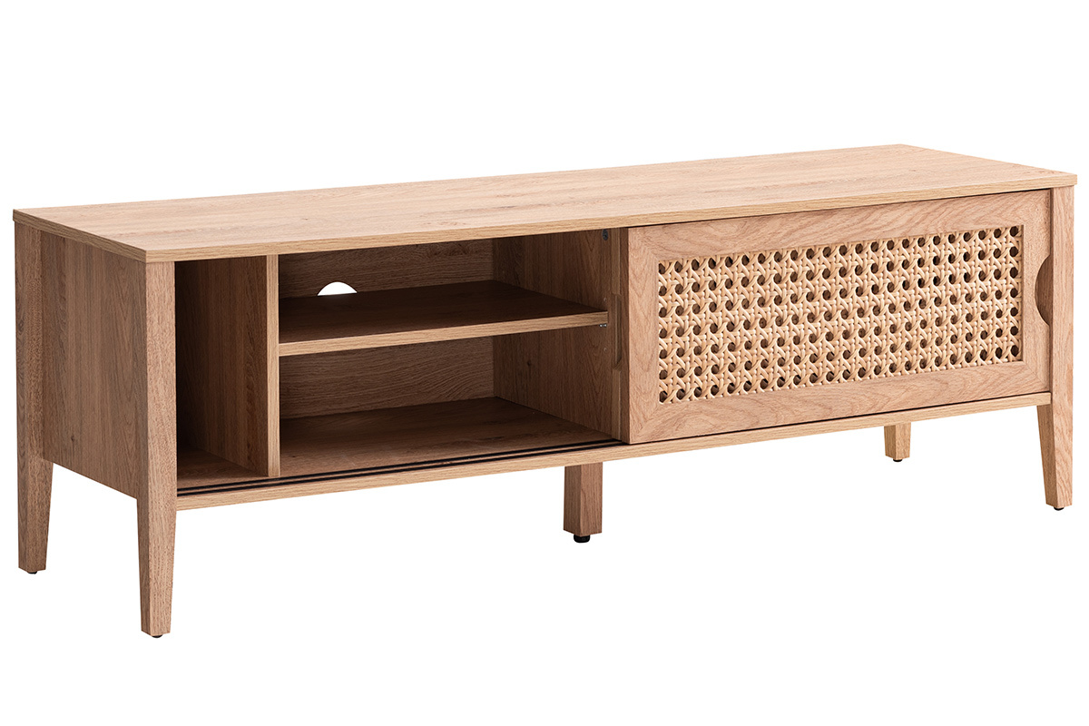 Meuble TV avec portes coulissantes bois et rotin synthtique PACHO